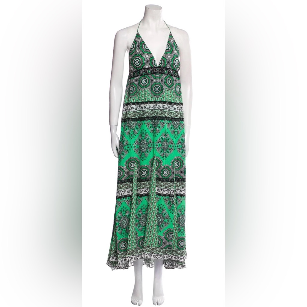 Alice + Olivia Karolina Halter Maxi Dress In Green And Black Paisley. Size 2.